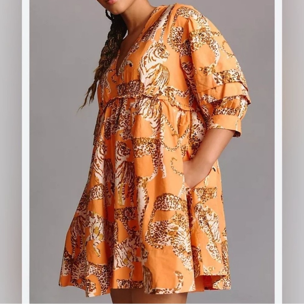 Anthropologie Maeve Orange Tiger Leopard Big Kitty Print Babydoll Mini Dress XS